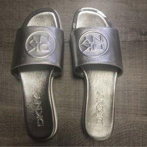 DONNA Karan tumbled metallic aged nickel baby slide or sandal NWT